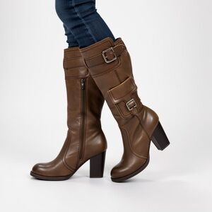 REPORT GREEN KHAKI LEATHER BUCKLED TALL BOOTS WOMAN 9.5
